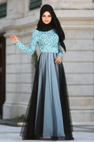 Tesettürlü Abiye Elbise - Boncuk Detaylı Bebek Mavisi Tesettür Abiye Elbise 75831BM - Thumbnail