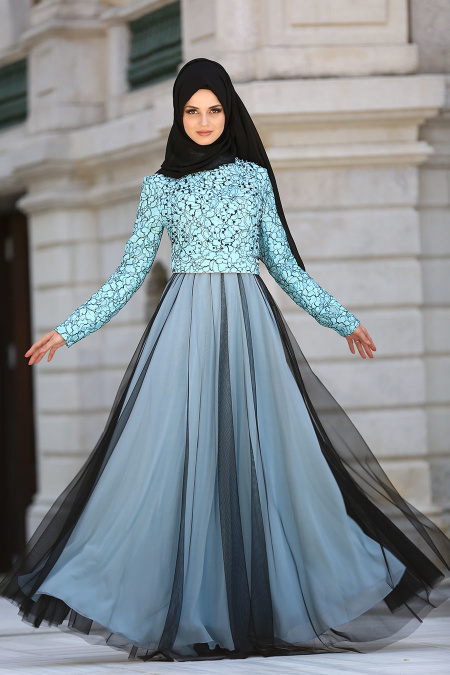 Tesettürlü Abiye Elbise - Boncuk Detaylı Bebek Mavisi Tesettür Abiye Elbise 75831BM