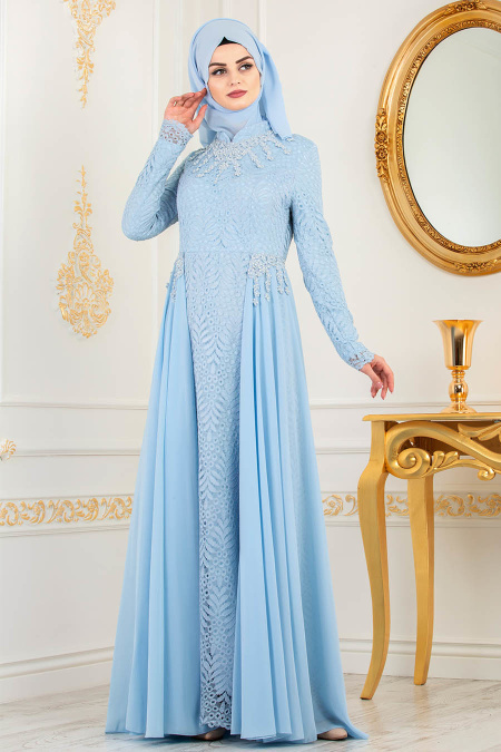 Tesettürlü Abiye Elbise - Boncuk Detaylı Bebek Mavisi Tesettür Abiye Elbise 8057BM