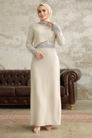 Tesettürlü Abiye Elbise - Boncuk Detaylı Bej Tesettür Abiye Elbise 38081BEJ - Thumbnail