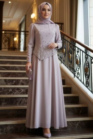 Tesettürlü Abiye Elbise - Boncuk Detaylı Bej Tesettür Abiye Elbise 4832BEJ 