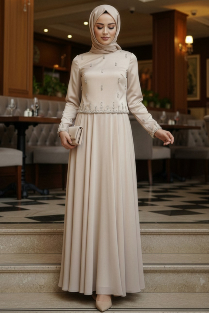 Tesettürlü Abiye Elbise - Boncuk Detaylı Bej Tesettür Abiye Elbise 55721BEJ - 1