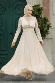 Tesettürlü Abiye Elbise - Boncuk Detaylı Bej Tesettür Saten Abiye Elbise 39011BEJ - Thumbnail