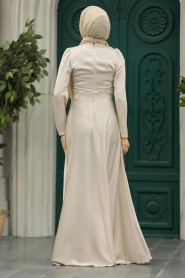 Tesettürlü Abiye Elbise - Boncuk Detaylı Bej Tesettür Saten Abiye Elbise 39011BEJ - Thumbnail