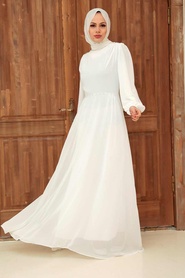 Tesettürlü Abiye Elbise - Boncuk Detaylı Beyaz Tesettür Abiye Elbise 33490B - Thumbnail