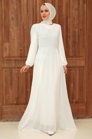 Tesettürlü Abiye Elbise - Boncuk Detaylı Beyaz Tesettür Abiye Elbise 33490B - Thumbnail