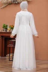 Tesettürlü Abiye Elbise - Boncuk Detaylı Beyaz Tesettür Abiye Elbise 3497B - Thumbnail