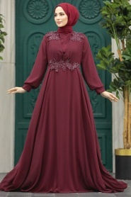Tesettürlü Abiye Elbise - Boncuk Detaylı Bordo Tesettür Abiye Elbise 22113BR - Thumbnail
