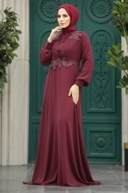 Tesettürlü Abiye Elbise - Boncuk Detaylı Bordo Tesettür Abiye Elbise 22113BR - Thumbnail