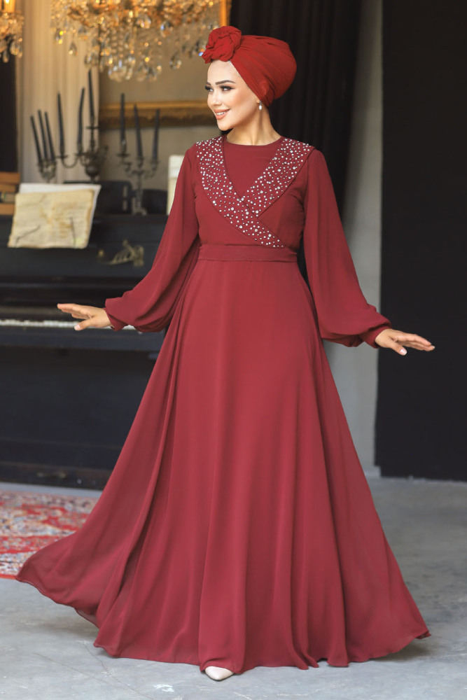 Tesettürlü Abiye Elbise - Boncuk Detaylı Bordo Tesettür Abiye Elbise 22153BR - 1