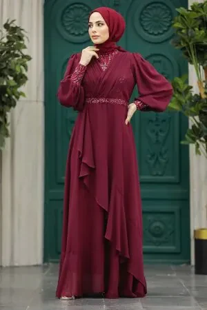 Tesettürlü Abiye Elbise - Boncuk Detaylı Bordo Tesettür Abiye Elbise 22201BR - 1