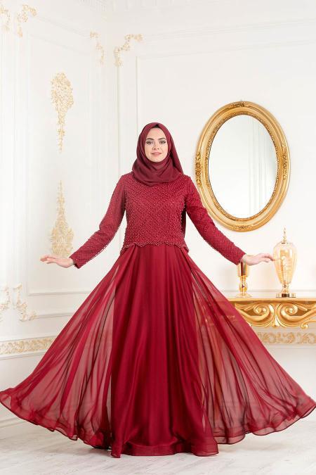 Tesettürlü Abiye Elbise - Boncuk Detaylı Bordo Tesettür Abiye Elbise 31260BR - 2