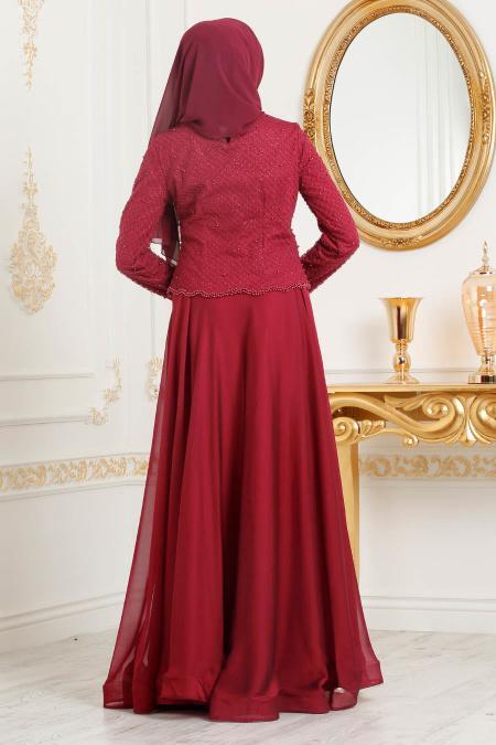 Tesettürlü Abiye Elbise - Boncuk Detaylı Bordo Tesettür Abiye Elbise 31260BR - 3