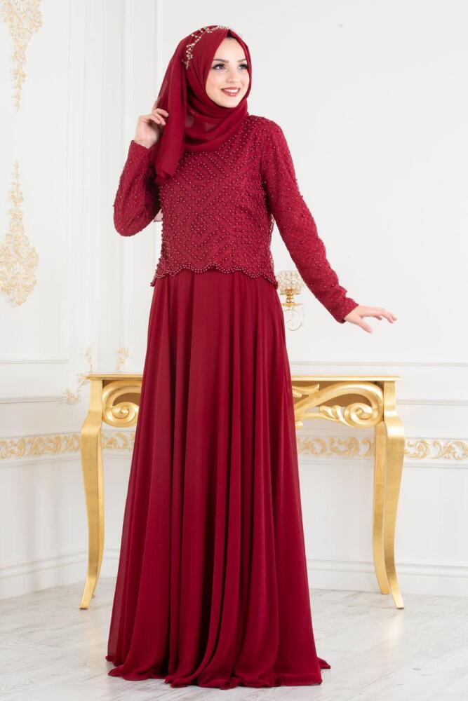 Tesettürlü Abiye Elbise - Boncuk Detaylı Bordo Tesettür Abiye Elbise 3126BR - 2