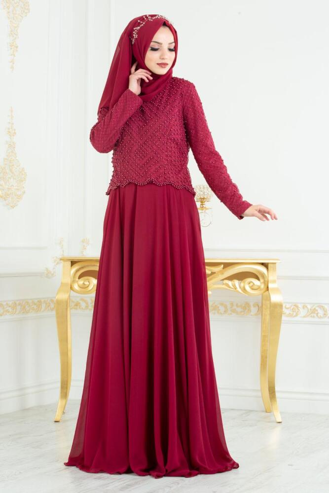 Tesettürlü Abiye Elbise - Boncuk Detaylı Bordo Tesettür Abiye Elbise 3126BR - 3