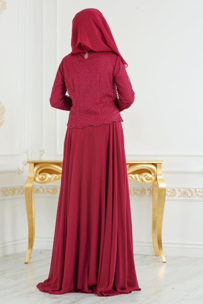 Tesettürlü Abiye Elbise - Boncuk Detaylı Bordo Tesettür Abiye Elbise 3126BR - 4