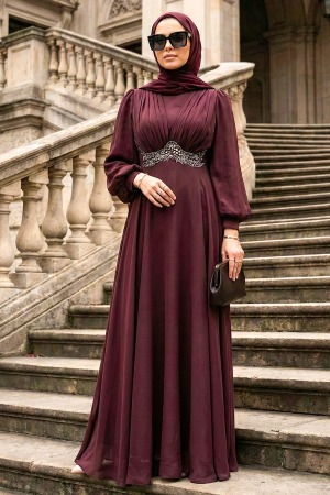 Tesettürlü Abiye Elbise - Boncuk Detaylı Bordo Tesettür Abiye Elbise 4876BR 