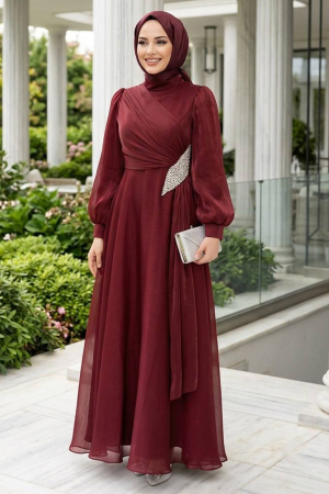 Tesettürlü Abiye Elbise - Işıltılı Kumaş Drapeli Bordo Tesettür Abiye Elbise 4916BR - 2