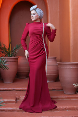 Tesettürlü Abiye Elbise - Boncuk Detaylı Bordo Tesettür Abiye Elbise 49651BR - N.S NEVA STYLE