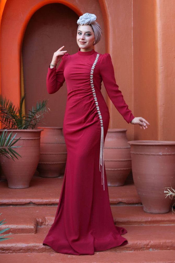 Tesettürlü Abiye Elbise - Boncuk Detaylı Bordo Tesettür Abiye Elbise 49651BR - 2