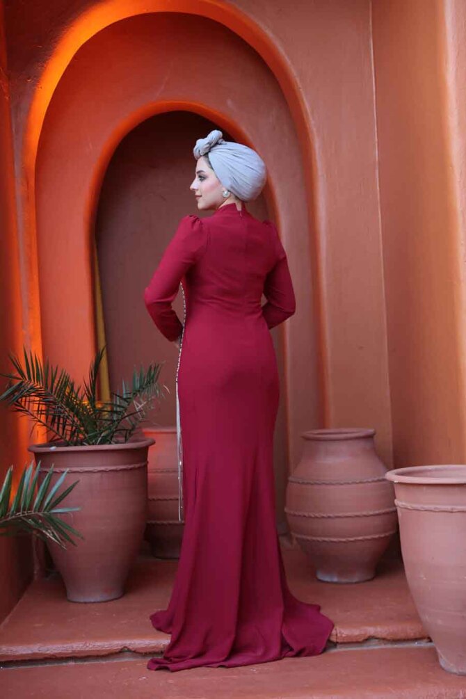 Tesettürlü Abiye Elbise - Boncuk Detaylı Bordo Tesettür Abiye Elbise 49651BR - 4