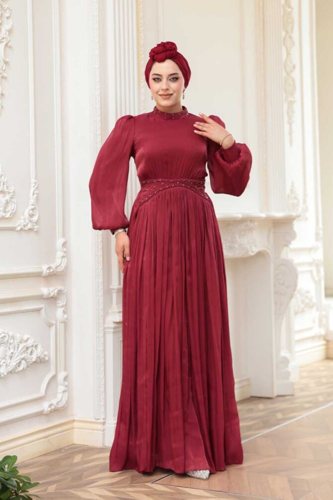 Tesettürlü Abiye Elbise - Boncuk Detaylı Bordo Tesettür Abiye Elbise 52751BR - 2