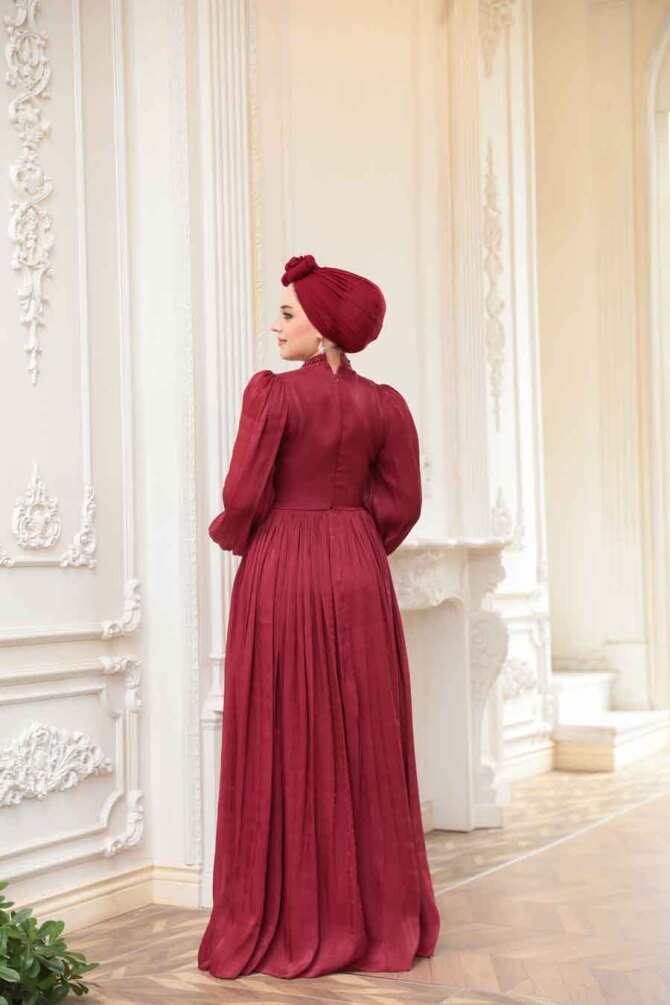 Tesettürlü Abiye Elbise - Boncuk Detaylı Bordo Tesettür Abiye Elbise 52751BR - 3
