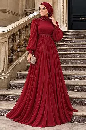 Tesettürlü Abiye Elbise - Boncuk Detaylı Bordo Tesettür Abiye Elbise 52751BR - N.S NEVA STYLE