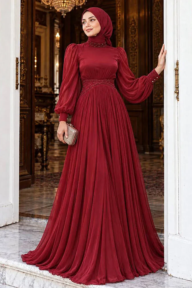 Tesettürlü Abiye Elbise - Boncuk Detaylı Bordo Tesettür Abiye Elbise 52751BR - 1