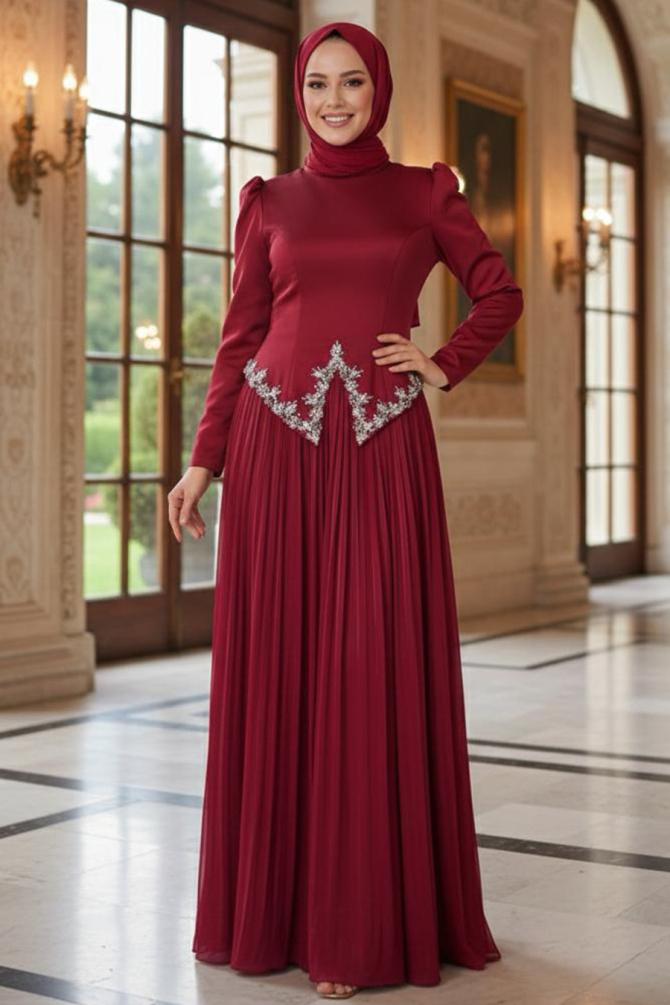 Tesettürlü Abiye Elbise - Boncuk Detaylı Bordo Tesettür Abiye Elbise 55141BR - 1