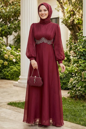 Tesettürlü Abiye Elbise - Boncuk Detaylı Bordo Tesettür Abiye Elbise 6295BR 