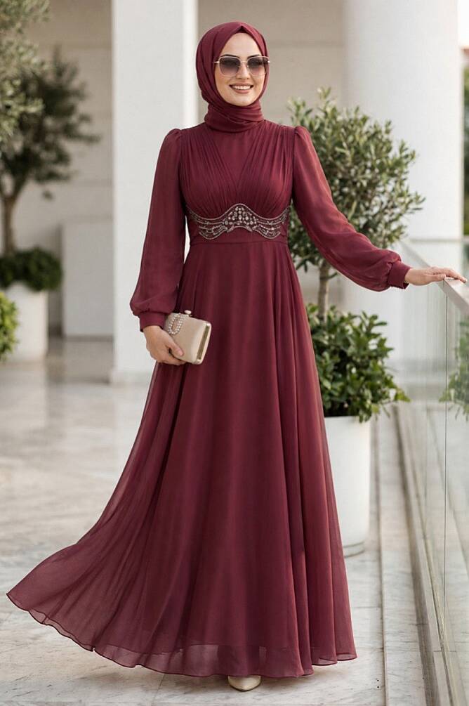 Tesettürlü Abiye Elbise - Boncuk Detaylı Bordo Tesettür Abiye Elbise 6295BR - N.S NEVA STYLE