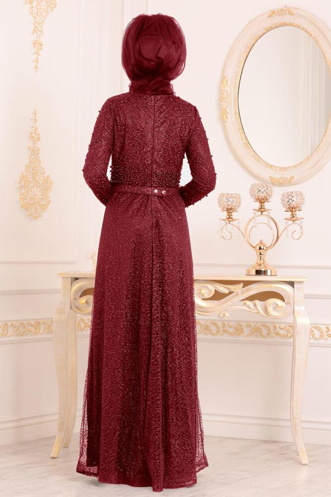 Tesettürlü Abiye Elbise - Boncuk Detaylı Bordo Tesettürlü Abiye Elbise 32501BR - 2