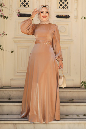 Tesettürlü Abiye Elbise - Boncuk Detaylı Camel Tesettür Abiye Elbise 23301C - 1