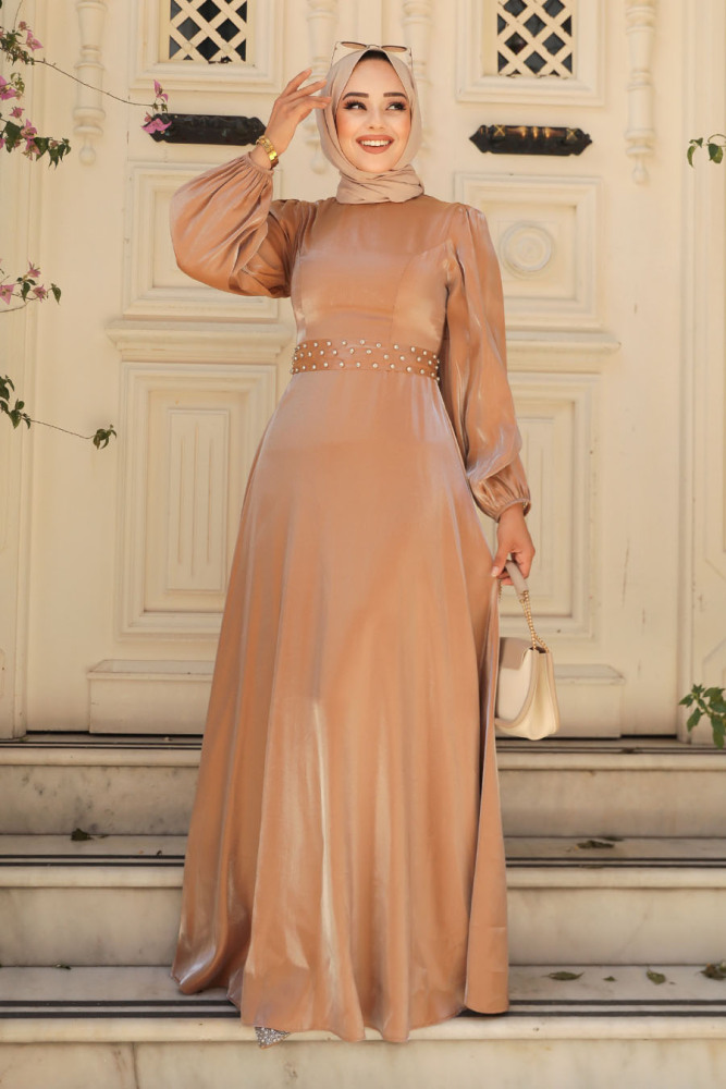 Tesettürlü Abiye Elbise - Boncuk Detaylı Camel Tesettür Abiye Elbise 23301C - 1