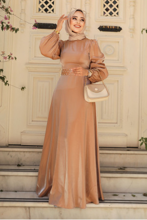 Tesettürlü Abiye Elbise - Boncuk Detaylı Camel Tesettür Abiye Elbise 23301C - 2
