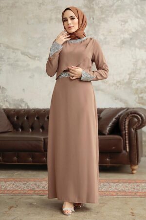 Tesettürlü Abiye Elbise - Boncuk Detaylı Camel Tesettür Abiye Elbise 38081C - 1