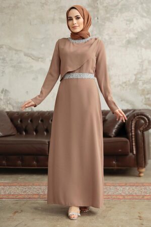 Tesettürlü Abiye Elbise - Boncuk Detaylı Camel Tesettür Abiye Elbise 38081C - 2