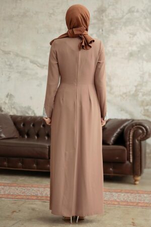 Tesettürlü Abiye Elbise - Boncuk Detaylı Camel Tesettür Abiye Elbise 38081C - 3