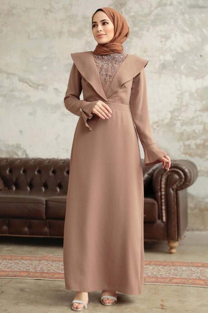 Tesettürlü Abiye Elbise - Boncuk Detaylı Camel Tesettür Abiye Elbise 38091C - 2