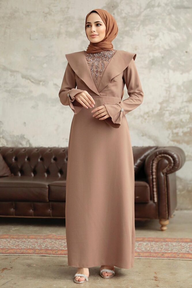 Tesettürlü Abiye Elbise - Boncuk Detaylı Camel Tesettür Abiye Elbise 38091C - 1