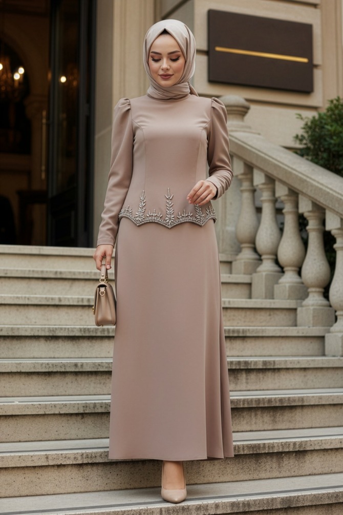 Tesettürlü Abiye Elbise - Boncuk Detaylı Detaylı Vizon Tesettür Abiye Elbise 54191V - 1