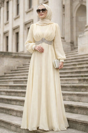 Tesettürlü Abiye Elbise - Boncuk Detaylı Ekru Tesettür Abiye Elbise 4876E 