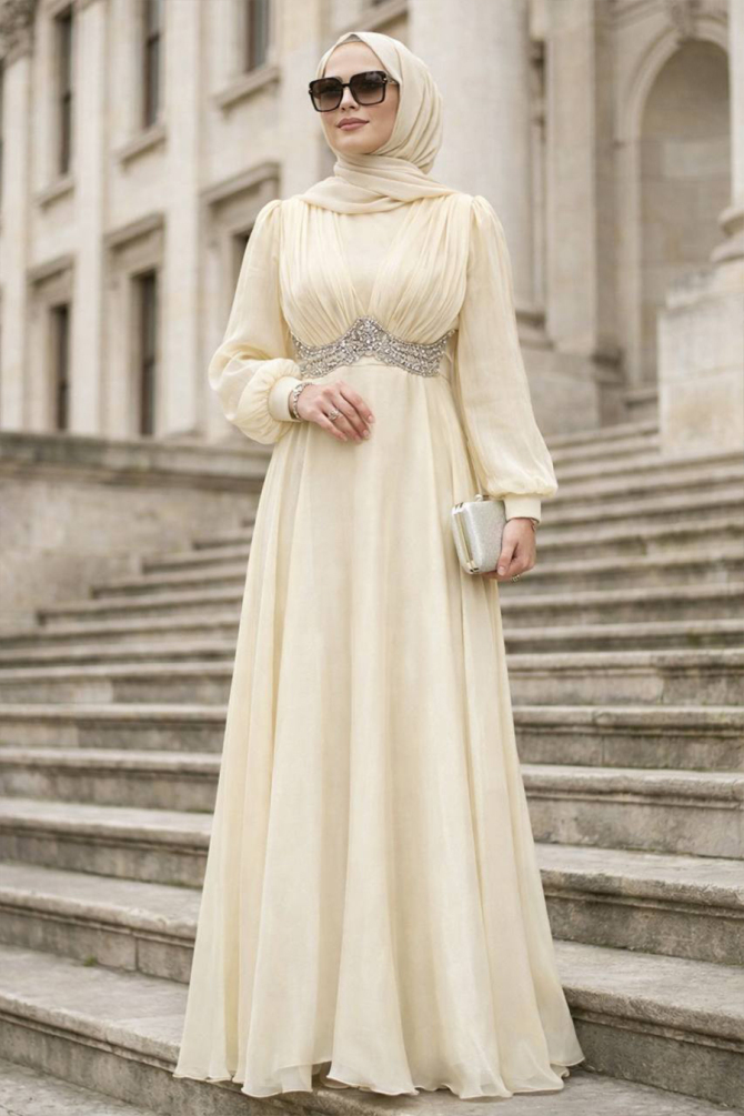 Tesettürlü Abiye Elbise - Boncuk Detaylı Ekru Tesettür Abiye Elbise 4876E - N.S NEVA STYLE