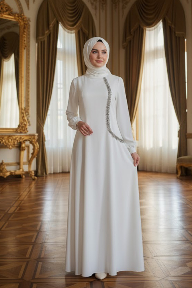 Tesettürlü Abiye Elbise- Boncuk Detaylı Ekru Tesettür Saten Abiye Elbise 62281E - N.S NEVA STYLE