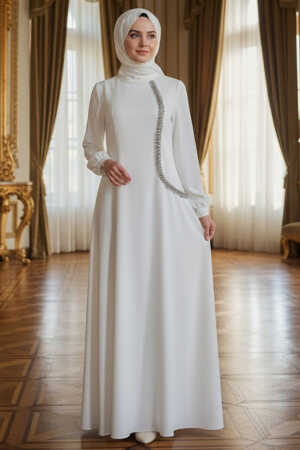 Tesettürlü Abiye Elbise- Boncuk Detaylı Ekru Tesettür Saten Abiye Elbise 62281E - 1