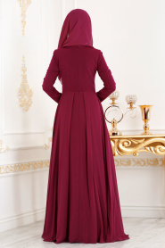 Tesettürlü Abiye Elbise - Boncuk Detaylı Fuşya Tesettür Abiye Elbise 20510F - Thumbnail