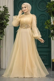 Tesettürlü Abiye Elbise - Boncuk Detaylı Gold Tesettür Abiye Elbise 2249GOLD - Thumbnail
