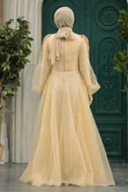 Tesettürlü Abiye Elbise - Boncuk Detaylı Gold Tesettür Abiye Elbise 2249GOLD - Thumbnail