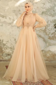 Tesettürlü Abiye Elbise - Boncuk Detaylı Gold Tesettür Abiye Elbise 22571GOLD - Thumbnail